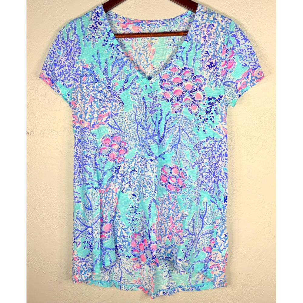 Lilly Pulitzer Etta V-Neck Tee Now You Sea Me Blue Ibiza Coral Reef Shirt S NEW